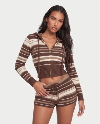 MALIANA Striped Hooded Cardigan & Knit Shorts Set