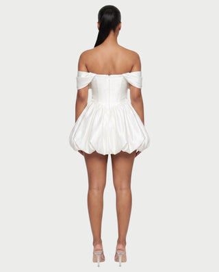 LESSY Pearl Draped Off-Shoulder Bubble Mini Dress