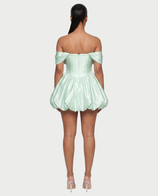 LESSY Pearl Draped Off-Shoulder Bubble Mini Dress