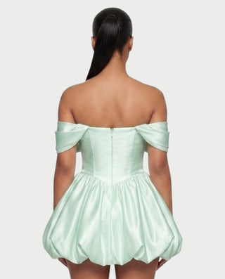 LESSY Pearl Draped Off-Shoulder Bubble Mini Dress