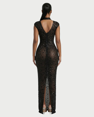 MORIA Crystal High-Neck Bodycon Maxi Dress