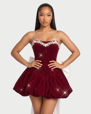 GAELLE Rhinestone Trim Oversized Bow Bubble Mini Dress