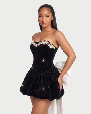 GAELLE Rhinestone Trim Oversized Bow Bubble Mini Dress
