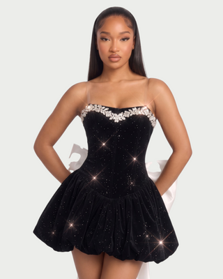 GAELLE Rhinestone Trim Oversized Bow Bubble Mini Dress