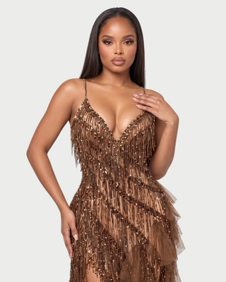 KLARICE High Slit Beaded Fringe Ruffle Maxi Dress