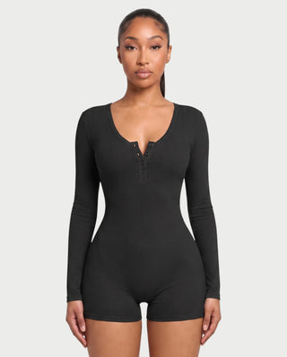 YELENA Scoop Neck Long Sleeve Ribbed Romper