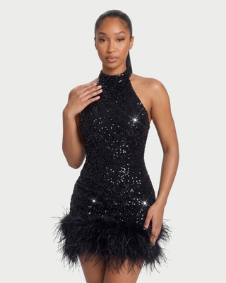 LESLIE Feather-Trim Sequin High-Neck Mini Dress
