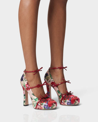 ERRY Floral Print Multi-Bow Ankle-Strap Platform Heels