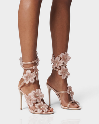 PALMERA Rhinestone Floral Appliqué Ankle-Wrap Stiletto Heels