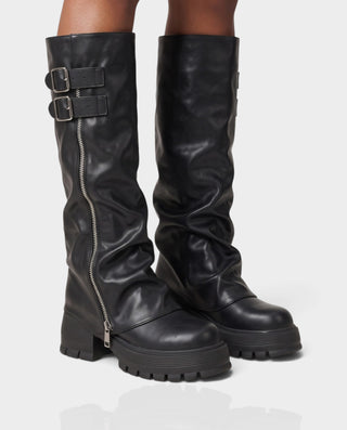 MAKEYLA Double Buckle Side-Zip Knee-High Boots