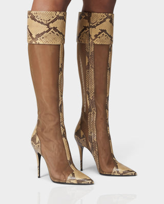 ADINA Snakeskin Print Mesh Knee-High Pointed Toe High Heel Boots