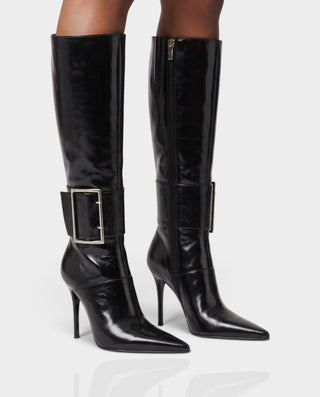 ANALEIA Pointed Toe Oversized Buckle Stiletto Heel Boots