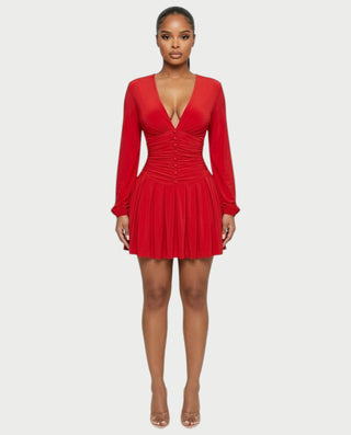 VINNA Ruched Waist-cinching Pleated Mini Dress