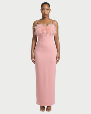 KREYA Feather Trim Bodycon Maxi Dress