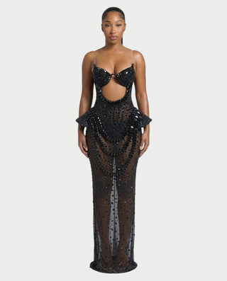 VREYS Crystal Studded Sheer Maxi Dress