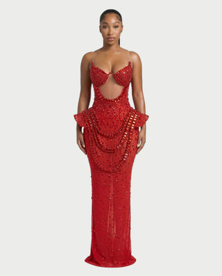 VREYS Crystal Studded Sheer Maxi Dress