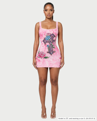 AZRIN Rhinestone Cross Floral Print Tank Bodycon Mini Dress
