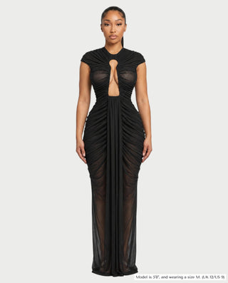 MARIEL Cap Sleeve Keyhole Cutout Ruched Sheer Maxi Dress