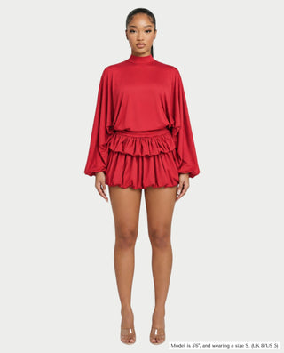 FAYEZA High Neck Dolman Sleeve Ruffle Bubble Mini Dress