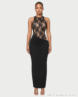 CALSY Sheer Lace Bodice Asymmetric Maxi Dress