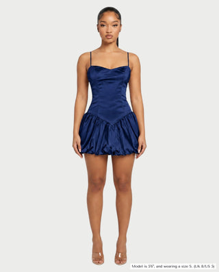 ADRIELA Satin Spaghetti Strap Drop Waist Bubble Mini Dress