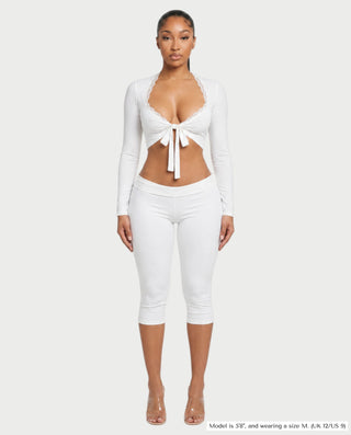 ZEINARA Lace Trim Tie-Front Long Sleeve Crop Top