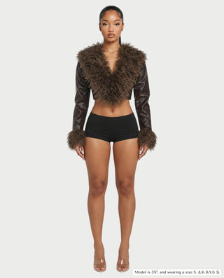 ADALEE Faux Leather Bolero Crop Jacket with Shaggy Fur Detailing