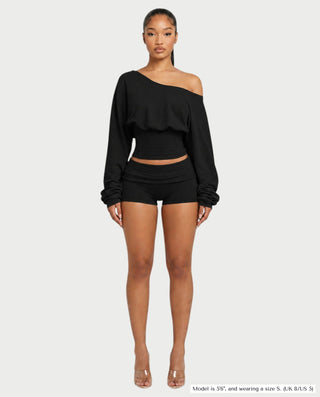 LIRABEL One-Shoulder Long Sleeve Top & Mini Shorts Set