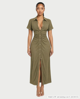 ZEYNA Collared Short Sleeve Midi Dress
