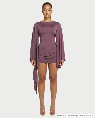 CAISYN Draped Bell Sleeve Ruched Bodycon Mini Dress