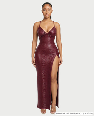 NICOLA Croc-Embossed Faux Leather High-Slit Maxi Dress