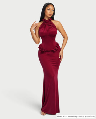 MINETTE High Neck Ruffle Trim Fitted Maxi Dress