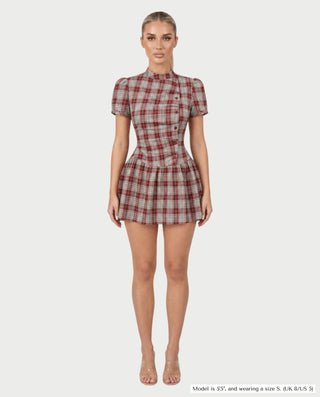 MIRIANA Plaid Mock Neck Puff Sleeve Button Detail Mini Dress