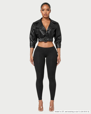 ARDEN Cropped Faux Leather Moto Jacket with Belted Waist