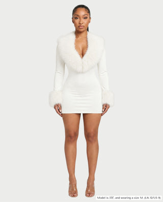 NANIA Faux Fur Trim Long Sleeve Bodycon Mini Dress
