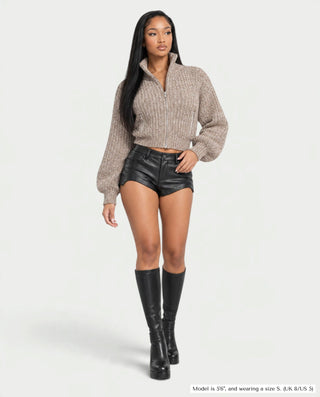 YURINA High-Neck Textured Knit Cropped Cardigan