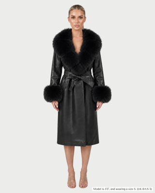 ZAMICA Faux Leather Faux Fur Collar Belted Trench Coat