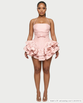 HELSA Halter Bow-Detail Corset Ruffle Mini Dress