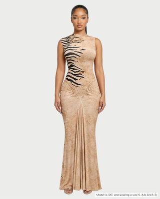 ALMARA Zebra Ruched Open-Back Bodycon Maxi Dress