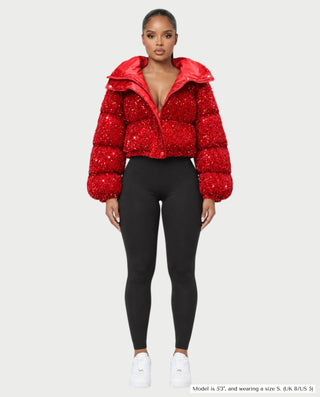 RENYA Sequin Hooded Cropped Zip-Up Puffer Jacket