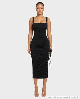 ARMALIA Ruched Lace-Up Side Bodycon Midi Dress