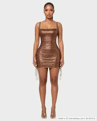 ZAKIYA Lace-Up Side Square-Neck Metallic Mini Dress
