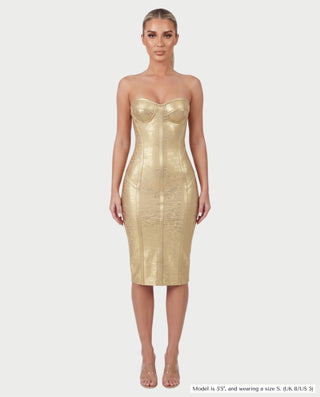 CATLYN Strapless Bustier Corset Metallic Bodycon Midi Dress