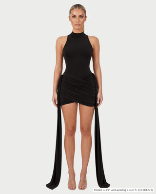 SALMA Mock Neck Draped Side-Tie Bodycon Mini Dress