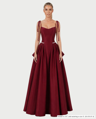 JASLEEN Tie Strap Pearl Bow A-Line Maxi Dress