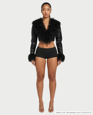 ADALEE Faux Leather Bolero Crop Jacket with Shaggy Fur Detailing