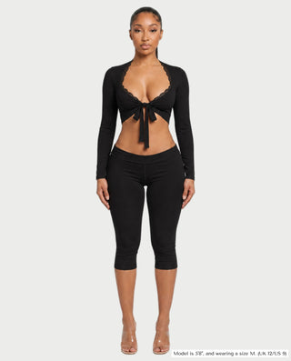 ZEINARA Lace Trim Tie-Front Long Sleeve Crop Top