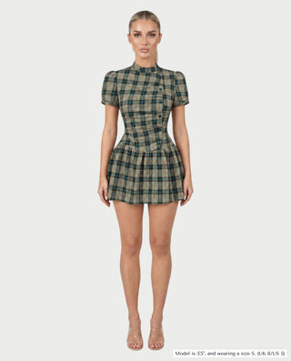 MIRIANA Plaid Mock Neck Puff Sleeve Button Detail Mini Dress