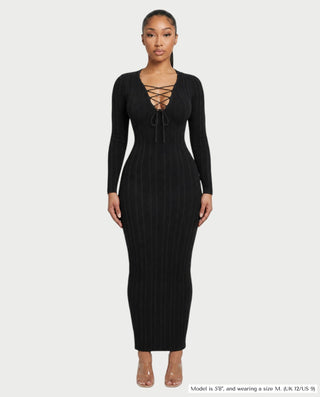 PEARLA Deep V-Neck Ribbed Knit Long Sleeve Maxi Dress