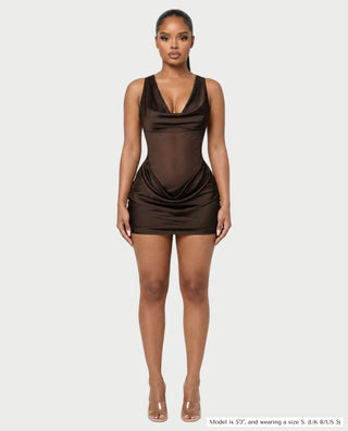 AVIGAIL Cowl Neck Sheer Mesh Draped Satin Mini Dress